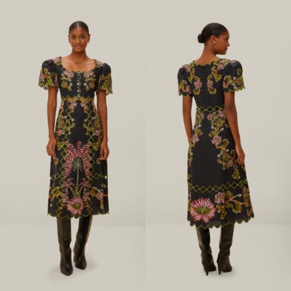 FARM RIO Ravenala Short Sleeve Maxi Dress Scalloped Edges Black Size Medium - Picture 1 of 16